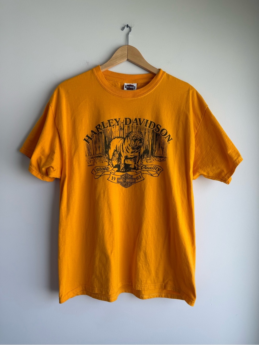 Harley Davidson Bulldog Graphic Tee Large Yellow Colorado Shirt